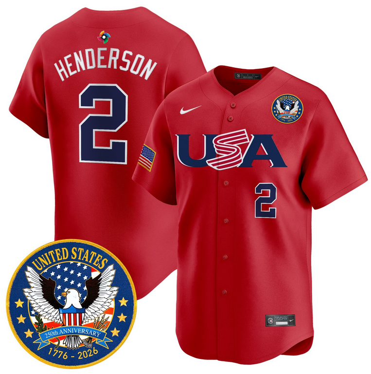 Men Team USA World Baseball Classic 250th Anniversary #2 Henderson red 2026 Roster Patch Vapor Jersey